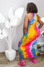SC Plus Size 4XL Tie Dye Letter Print Sleeveless Maxi Dress QZX-6134