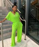 SC Plus Size Loose Casual Solid Color V Neck Jumpsuit SFY-141
