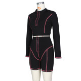 SC Casual Sporty Long Sleeve Zipper High Waist Shorts Set ZSD-0289