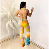 SC Tie Dye Halter Crop Tops Stacked Pants 2 Piece Sets CHY-1233