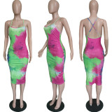 SC Tie Dye Print Backless Slim Midi Slip Dress BGN-058