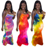 SC Plus Size 4XL Tie Dye Print Backless Maxi Slip Dress YFS-3504