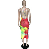 SC Tie Dye Print Backless Slim Midi Slip Dress BGN-058