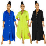 SC Solid Long Sleeve Button Maxi Shirt Dress SMR-9620