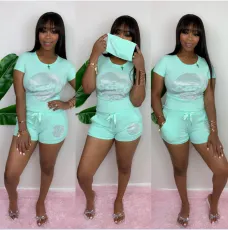 SC Letter Print Short Sleeve Casual Two Piece Shorts Set YIM-8122