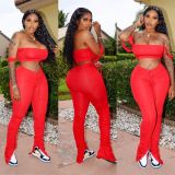 SC Solid Crop Top Split Stacked Pants Sexy 2 Piece Sets YIM-8095