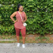 SC Plus Size 5XL Striped Tank Top Knee Length Pants Set XMY-9244