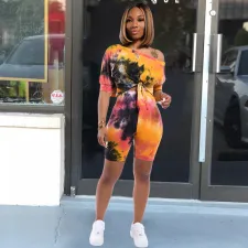 SC Tie Dye Print Oblique Shoulder Two Piece Shorts Set XMY-9235