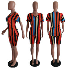 SC Plus Size Colorful Striped Two Piece Shorts Set BLI-2061