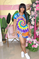 SC Tie Dye Print Ruched V Neck Irregular Mini Dress OYF-8206