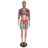SC Floral Print Blouse Top Mini Skirt Two Piece Sets XMY-9064