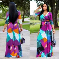 SC Plus Size 5XL Printed V Neck Bohemia Maxi Dress XMY-9025