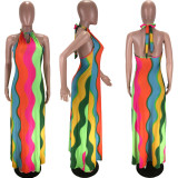 SC Sexy Rainbow Stripe Halter Backless Maxi Dress MN-9255