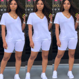 SC Solid V Neck T Shirt And Shorts Two Piece Sets SHA-6073