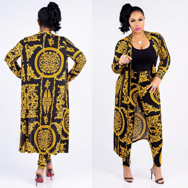 SC Plus Size Printed Long Cloak+Pants Two Piece Suits XMY-9041