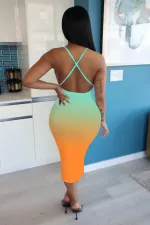 SC Gradient Backless Cross Strap Bodycon Midi Dress NIK-143