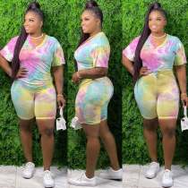 SC Plus Size 5XL Tie Dye V Neck Two Piece Shorts Set XMY-9250