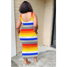 SC Plus Size Colorful Striepd Sleeveless Split Maxi Dress YIY-5186