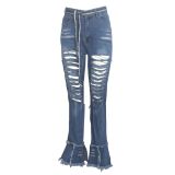 Plus Size Denim Ripped Hole High Waist Flared Jeans HSF-2083