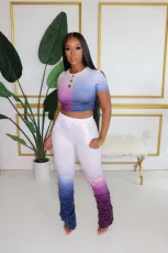 Gradient Short Sleeve Top Stacked Flare Pants Suit LA-3207