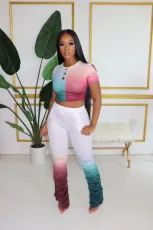 Gradient Short Sleeve Top Stacked Flare Pants Suit LA-3207