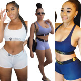 SC Casual Letter Patchwork Fitness Two Piece Shorts Set OD-8377
