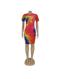 SC Plus Size Tie Dye Print Short Sleeve Bodycon Dress FNN-8514