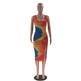 SC Tie Dye Print Sleeveless Split Slim Midi Dress YN-1012