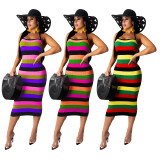 SC Colorful Stripe Strappy Backless Midi Dress TR-1056