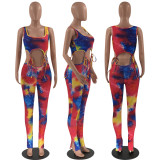 SC Tie Dye Print Sleeveless Lace Up 2 Piece Pants Set YN-097