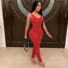 SC Solid Color Sleeveless Tank Open Back Stacked Jumpsuit NM-8305