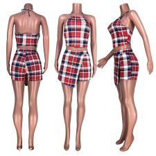SC Red Plaid Print Halter Crop Top Shorts Two Piece Sets HHF-9026