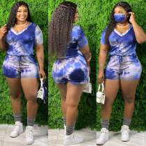 SC Plus Size 4XL Tie Dye V Neck Short Sleeve Rompers Without Mask SMD-2033