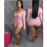 SC Sexy Striped Slash Neck Two Piece Shorts Set WUM-862