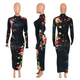 SC Plus Size 4XL Graffiti Print Long Sleeve Maxi Dress NIK-150