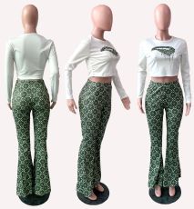 SC Lips Print Long Sleeve Flared Pants Two Piece Sets YIM-8064