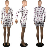 SC Sexy Tongue Lips Print V Neck Skinny Rompers MIL-136