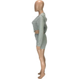 SC Solid Long Sleeve Hooded Zipper Two Piece Shorts Set MEI-9099