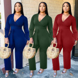 SC Casual V Neck Long Sleeve Sashes Jumpsuits HM-6333
