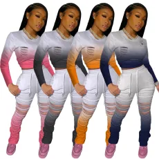 SC Gradient Long Sleeve Hole Stacked Pants 2 Piece Sets BLX-7517