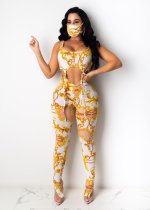 SC Sexy Printed Sleeveless Lace Up 2 Piece Pants Set With Mask LSL-6363