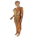SC Sports Fashion Off Shoulder Long Sleeve Tigers Pattern Bodysuit+Long Pants Set YFS-102