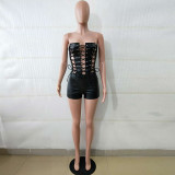 SC Sexy PU Leather Strapless Lace Up Hollow Rompers BN-9064