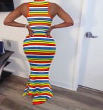 SC Rainbow Stripe Sleeveless Slim Maxi Dress QZX-6144