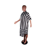 SC Casual Loose Striped Turndown Collar Shirt Dress BS-1221