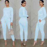 Simple Casual Fashion Solid Color Stacked Long Sleeve Top And Pants Set TE-4073