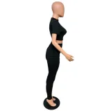 SC Fashion Solid Color Short Sleeve Shirt Crop Top Stacked Pants Suit QZX-6146
