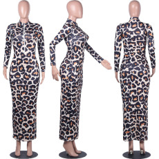 SC Leopard Print Zipper Long Sleeve Slim Maxi Dress MYF-2350
