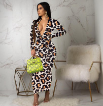 SC Leopard Print Zipper Long Sleeve Slim Maxi Dress MYF-2350