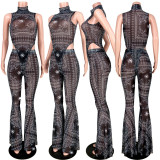 SC Sexy Mesh Printed Bodysuit Flared Pants 2 Piece Sets ASL-6290